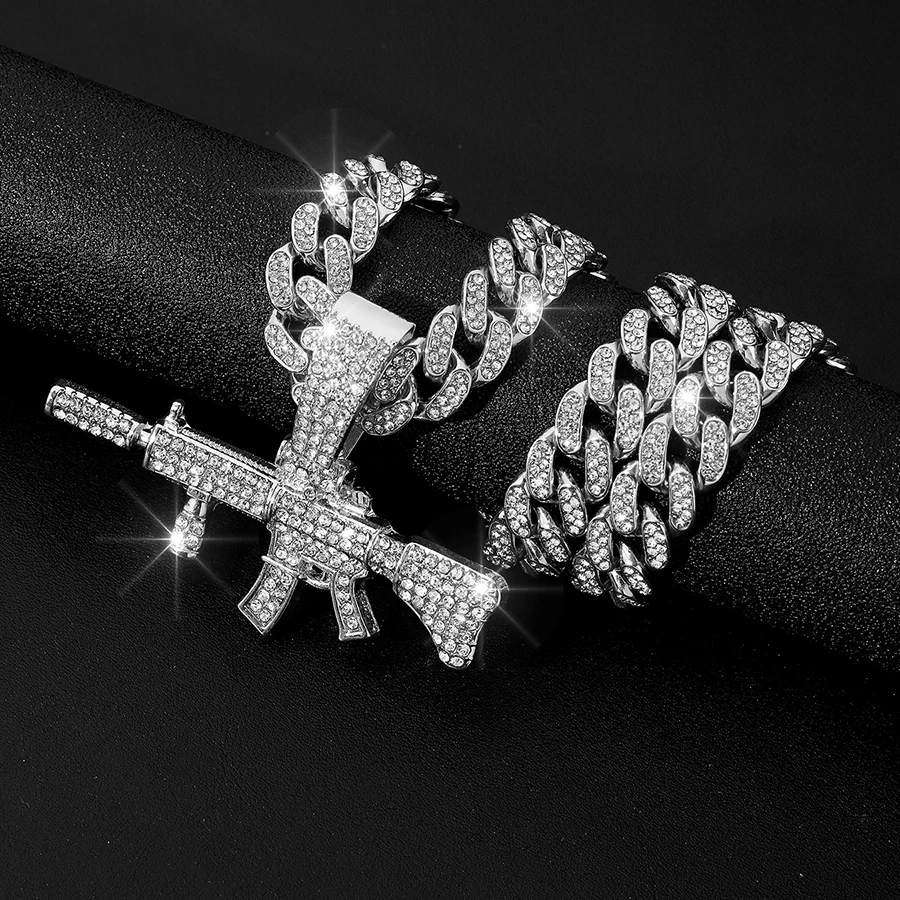 Mens Womens Crystal Gun AK47 Pendant Necklace Punk Hip Hop Rap Cuban Chain Necklace Jewelry Gift