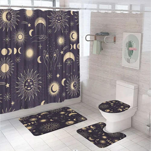 신비로운 별 행성 공간 폴리에스터 샤워 커튼 세트, 욕실 장식 커튼, 미끄럼 방지 러그, 변기 커버 목욕 매트, 4 개 