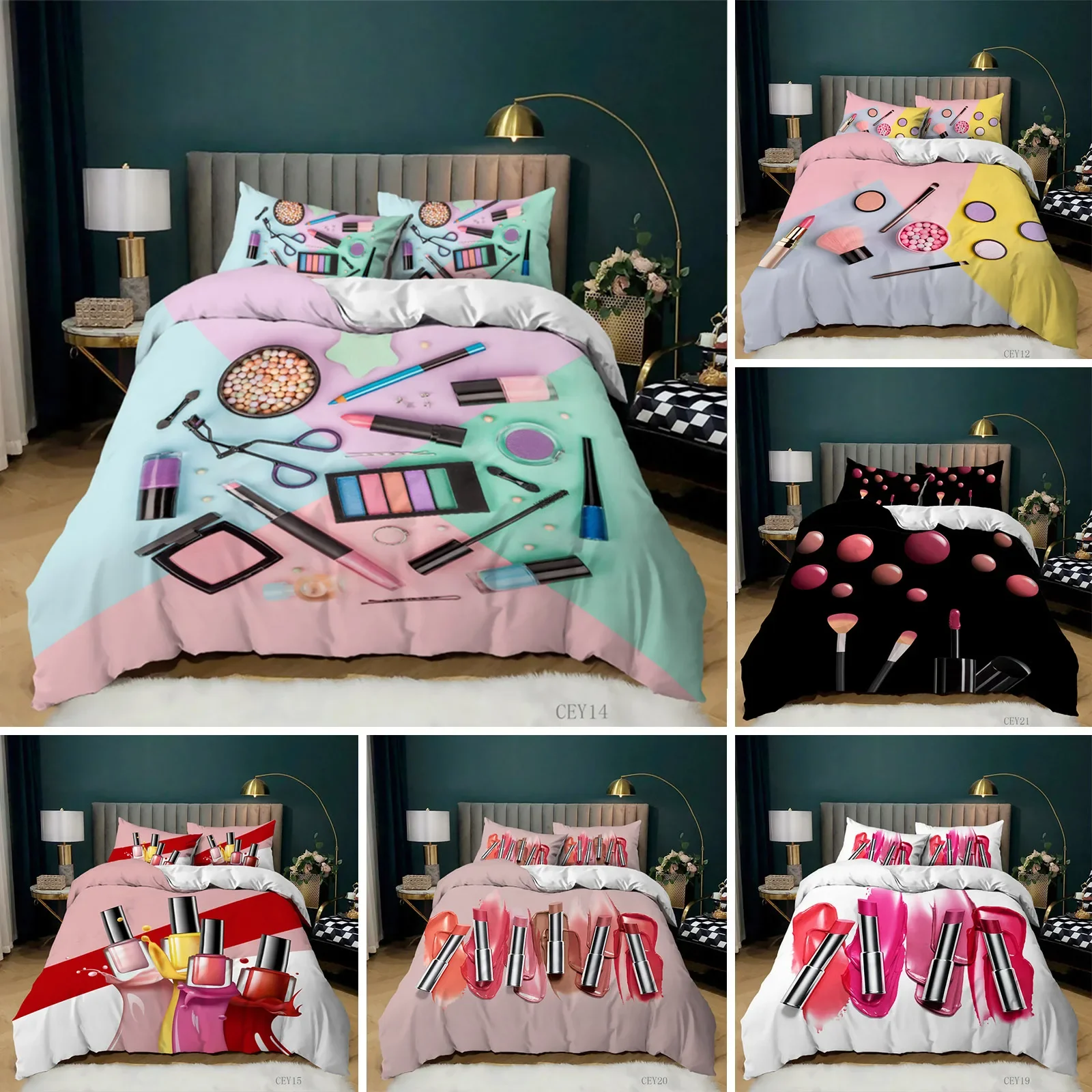 

Fashion Bedding Set Makeup Cosmetic Theme Duvet Cover Polyester Perfume Lipstick Nail Polish Brush Print Quilt Cover King Size