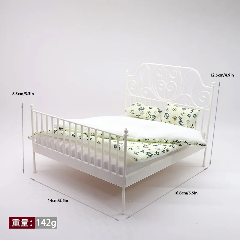 1:12 Mini Double Bed Model European Country Style Iron Bed Floral Fabric Miniature Bedroom Furniture DIY Scene Decoration