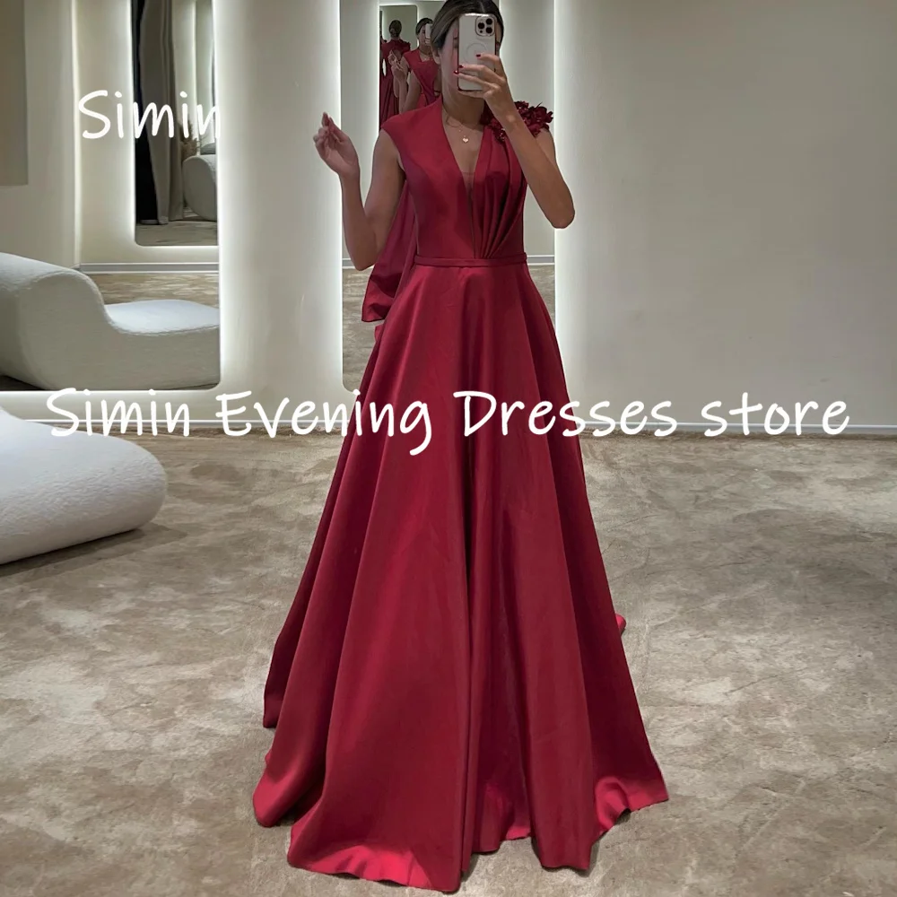 

Simin Satin A-line V-neck Ruffle Appliques Populer Formal Prom Gown Floor-length Evening Elegant Party dresses for women 2023