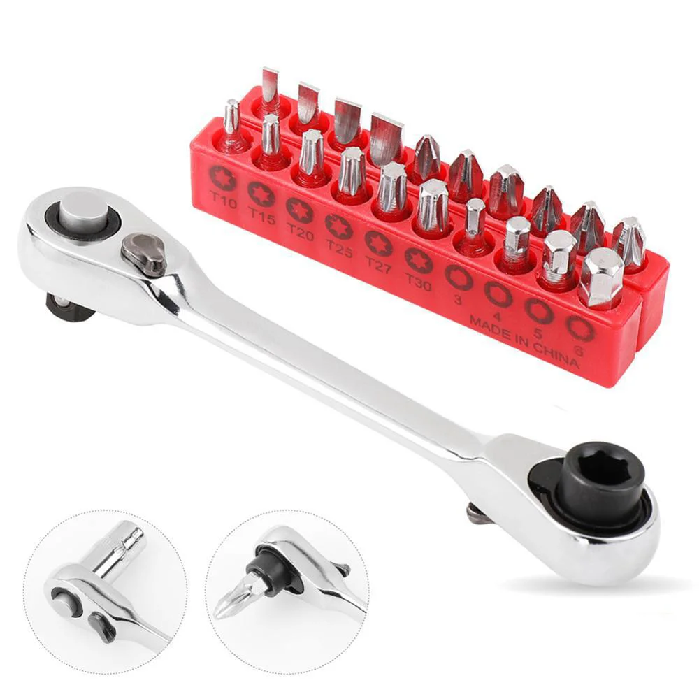 Mini 1/4 Inch Double Ended Quick Socket Ratchet Wrench Set 2-in-1 Portable Hand Tools