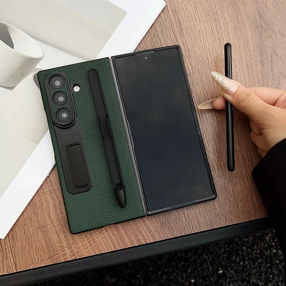 

Чехол для телефона из искусственной кожи Business Lychee с гнездом для ручки для Samsung Galaxy Z Fold7 Fold 5 6, роскошный чехол с невидимым кронштейном и покрытием