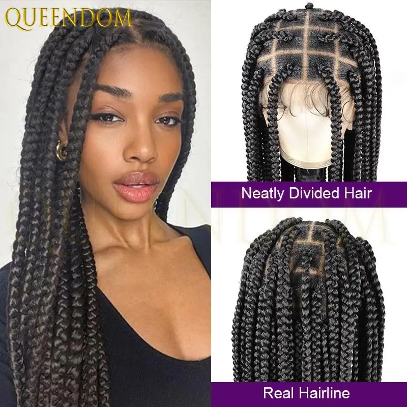 36 بوصة الاصطناعية شعر مستعار أسود طويل كامل الدانتيل شعر مستعار مضفر كبير مربع Knotless صندوق الضفائر شعر مستعار للنساء السود شعر مستعار كورنو
