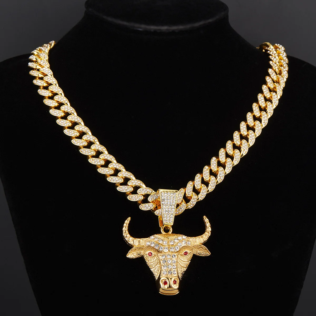 

13mm AAA rhinestone zinc alloy pvd plated 2 pcs set Bull head pendants tennis necklace hip hop iced out cuban link chain