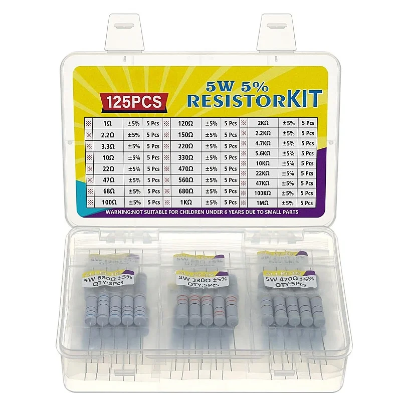 

Комплект резисторов из углеродной пленки мощностью 5 Вт от 1 Ом до 1 М Ом 25 значений Ассортимент резисторов 5 Вт 5%