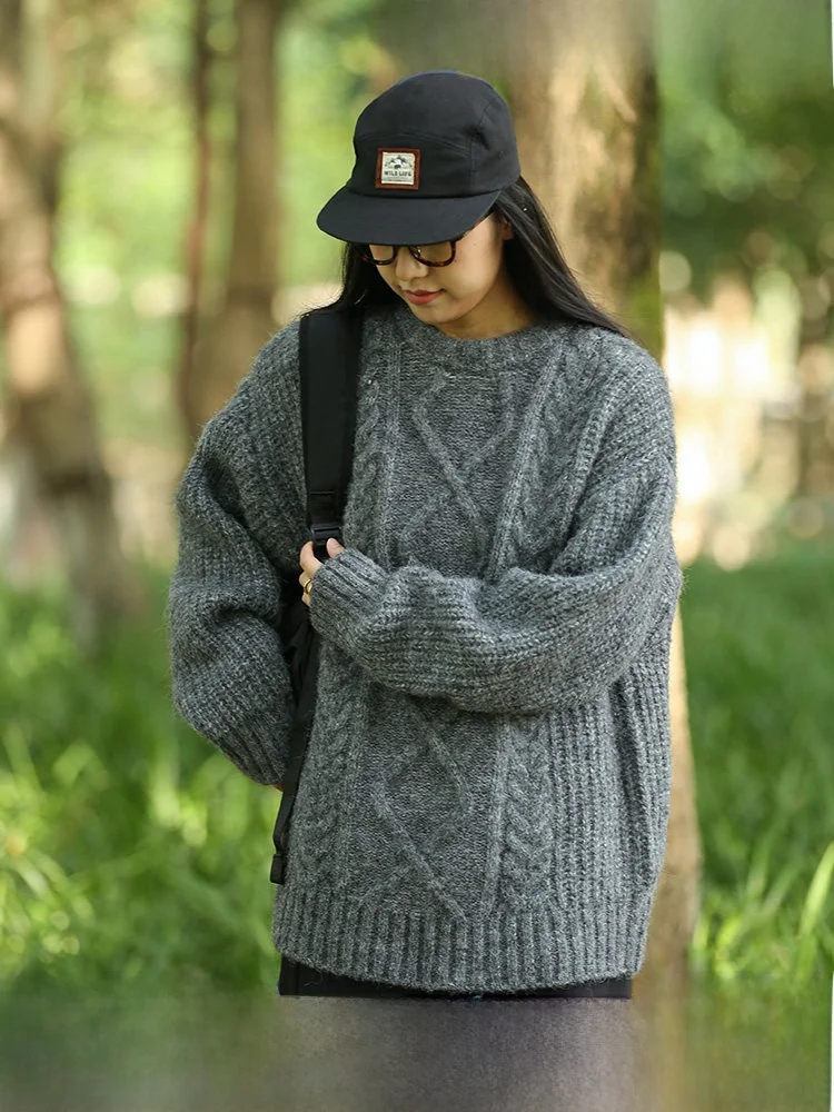 

Thiened Casual Loose Knitted round Ne Sweater Women's Autumn Winter Pure Color Warm Fluffy Outerwear Comfortable Slimming