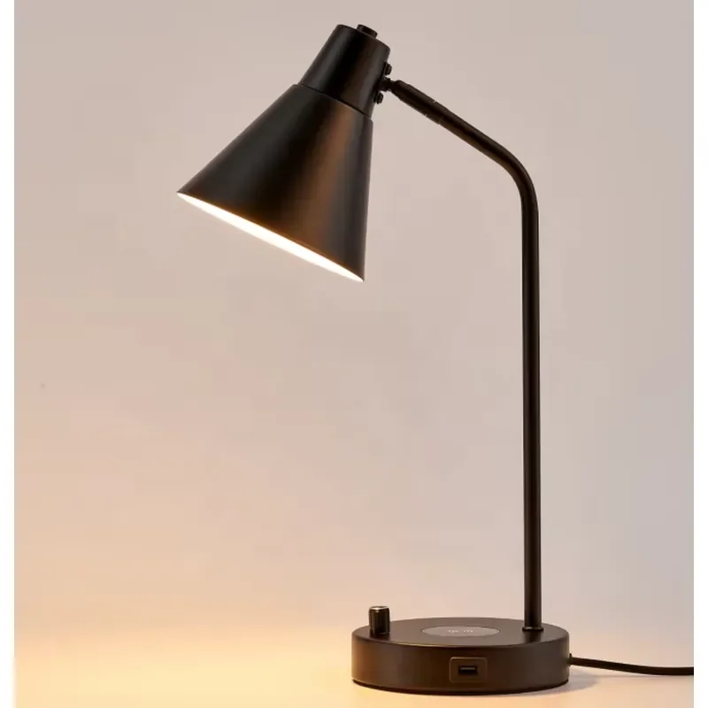 Modern Black Smart Light Emitting Diode Desk Lamp with Wireless Charger Adjustable Tapered Lampshade Knob Switch Adjustable