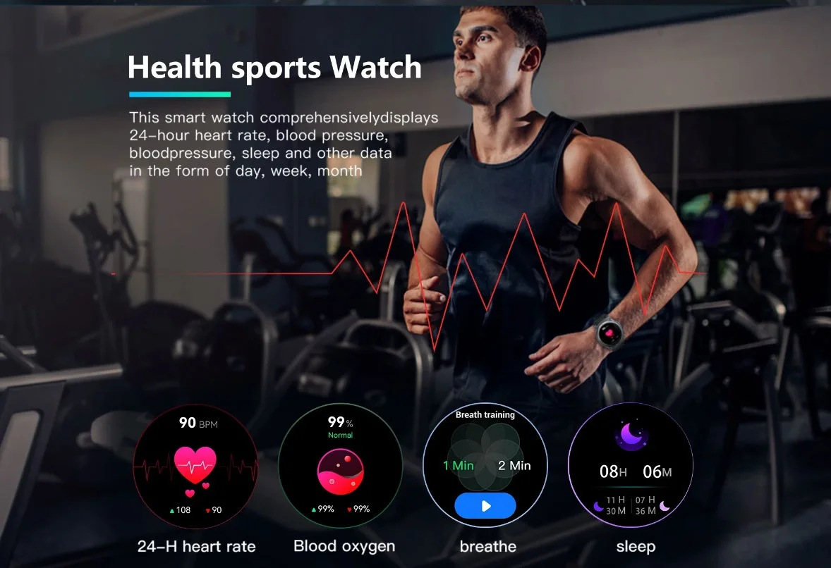 Esporte relógio inteligente para homens e mulheres, smartwatch moda unissex, rastreador de atividades, monitor de saúde, 1.43 