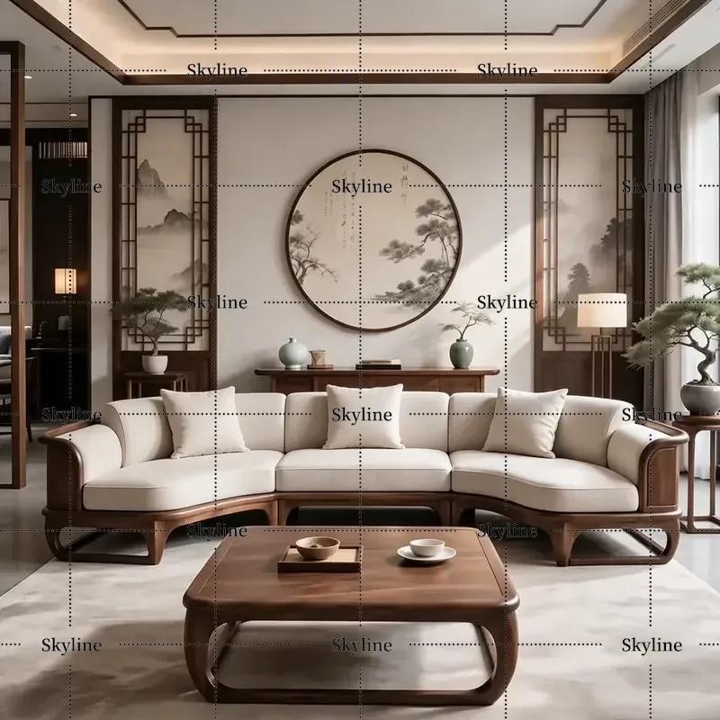 New Chinese Style Curved Corner Solid Wood Sofa Black Walnut Cotton Linen Upholstery Large Apartment Living Room Princess
