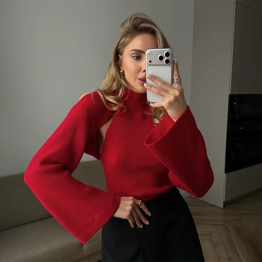Women High Neck Halter Vest Knit Cardigan Two Piece Set American Style Autumn Winter