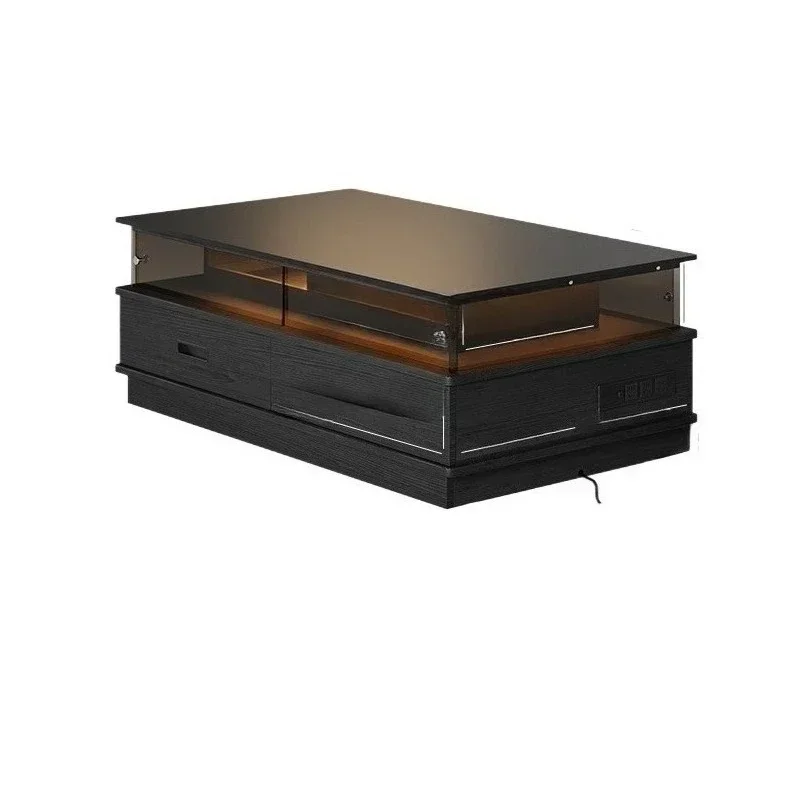 rock slab coffee table, solid wood belt, lighting atmosphere, black rectangular small apartment