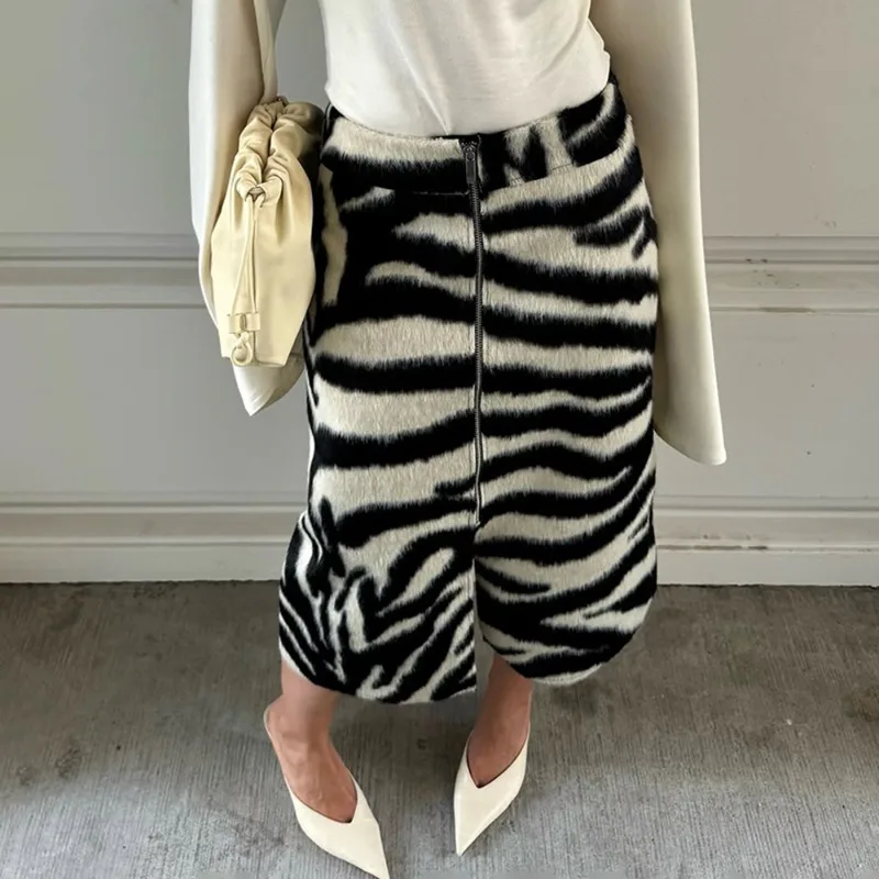 Talenza Women Zebra Print Midi Skirt High Waist Pencil Front Zipper Side Slit Casual Daily Streetwear Faux Fur Plush Fall Skirt
