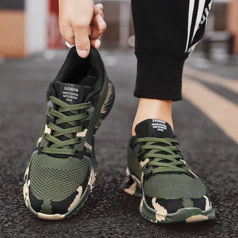 Army Green Camouflage Sneakers Men Sneakers Outdoor Casual Shoes for Men Breathable Travel Shoes Mesh Lace Up Size 39-44