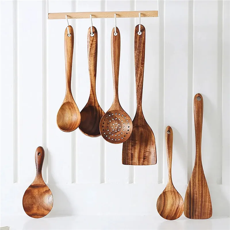 

Wood Cooking Utensils Teak Wooden Spoons Kitchen Utensil Set Reusable Heat Scratch Resistant Non-Stick Soup Spoon Spatula 7pcs