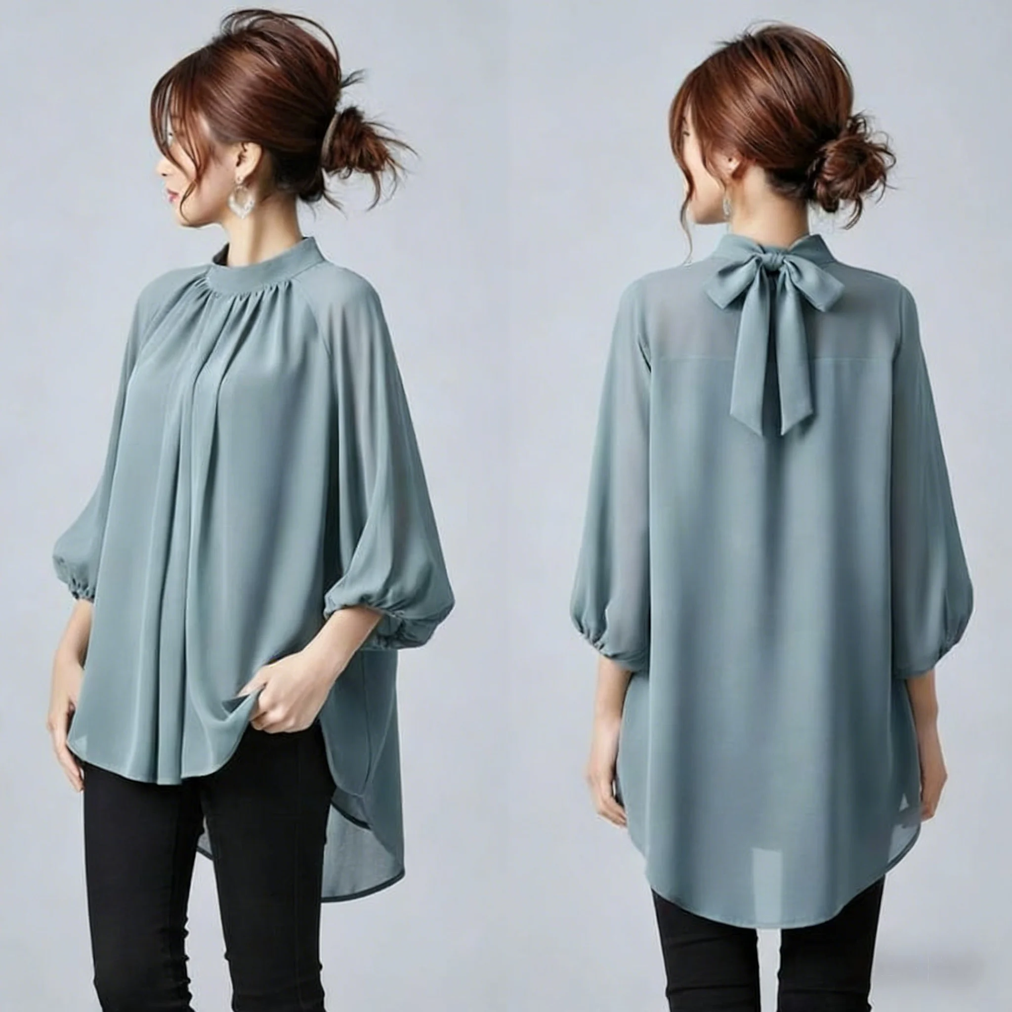 Elegant Style Summer 2026 Loose Fit  Knot Stand Collar Tailored Chiffon Top Women's Fashion Polyester Fiber