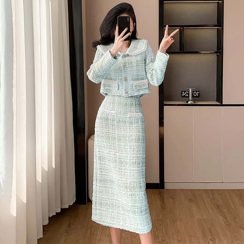 Autumn Winter Women Plaid Tweed Skirt Suits Beading Turn-down Collar Short Jacket And High Waist Long Skirt Two Piece Set