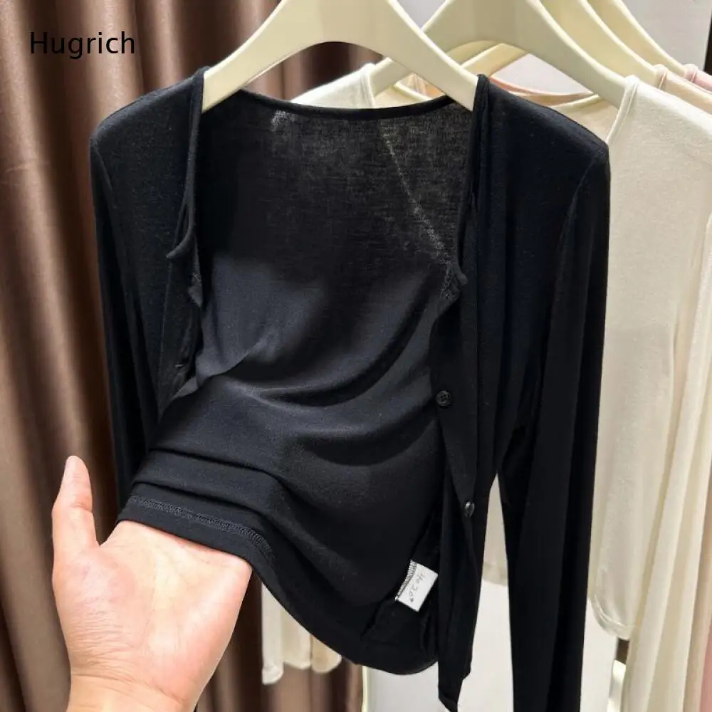 Solid Color Slim Fit Long Sleeve Open Front Cardigan Button Design Soft Lightweight Casual Street Daily Layering Top