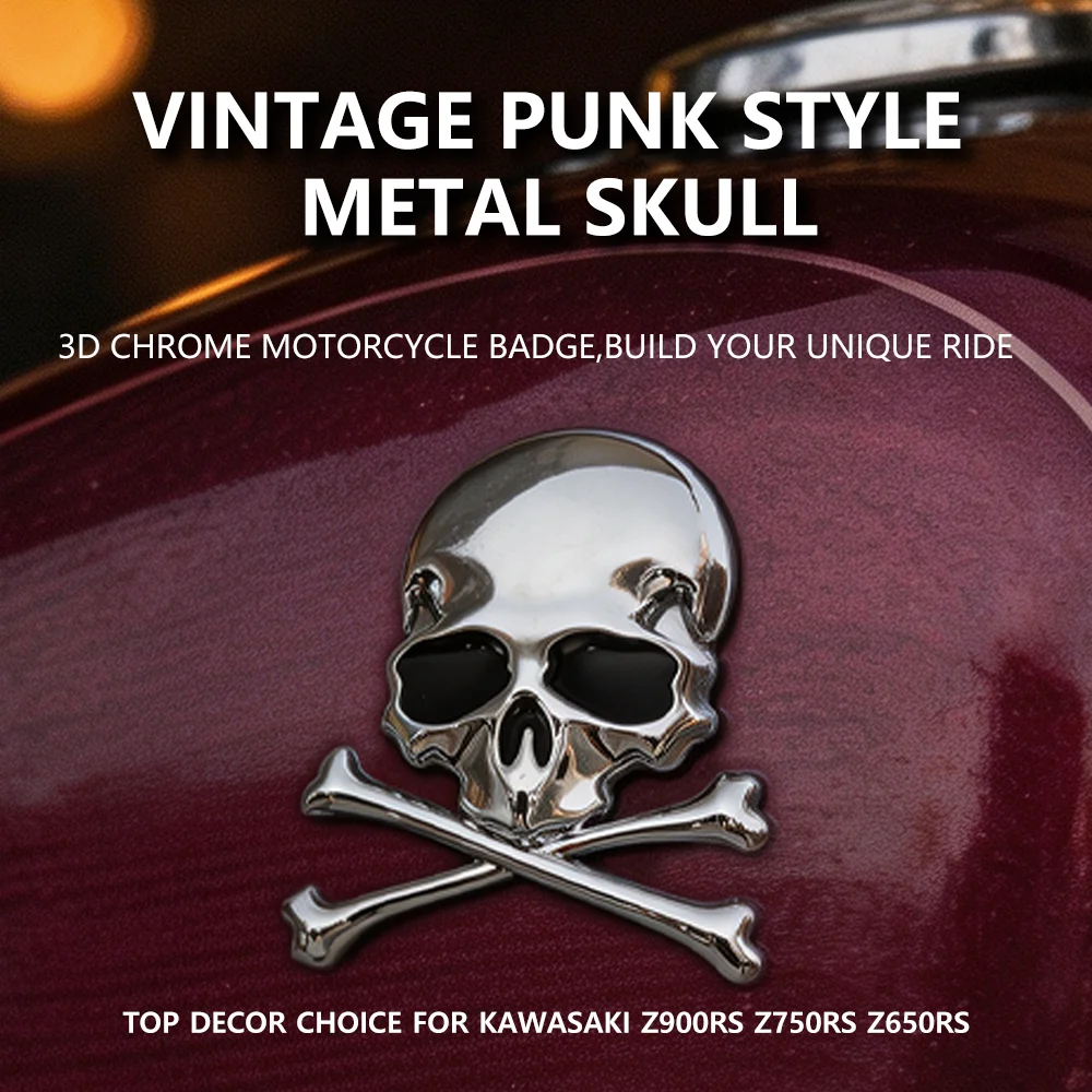 Fits Kawasaki Z900RS Z900RS Cafe Z650RS W800 W650 W175 / W230 Vulcan S Motorcycle 3D Chrome Metal Skull Skeleton Badge Emblem