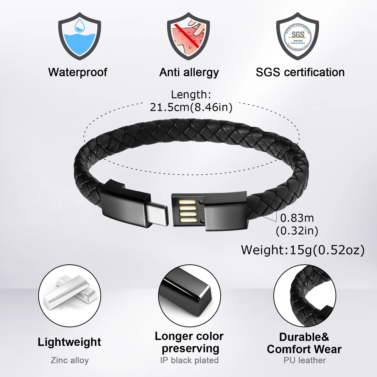 Leather Rope Bracelet for Men Boys,Black Charging Cable Wristband,Simple Convenient Jewelry Gifts