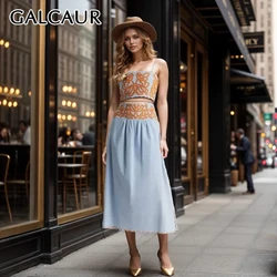 GALCAUR Vintage Two Piece Sets Women Square Collar Sleeveless Short Top High Waist Spliced Zipper Pleated Print Skirt Set Female