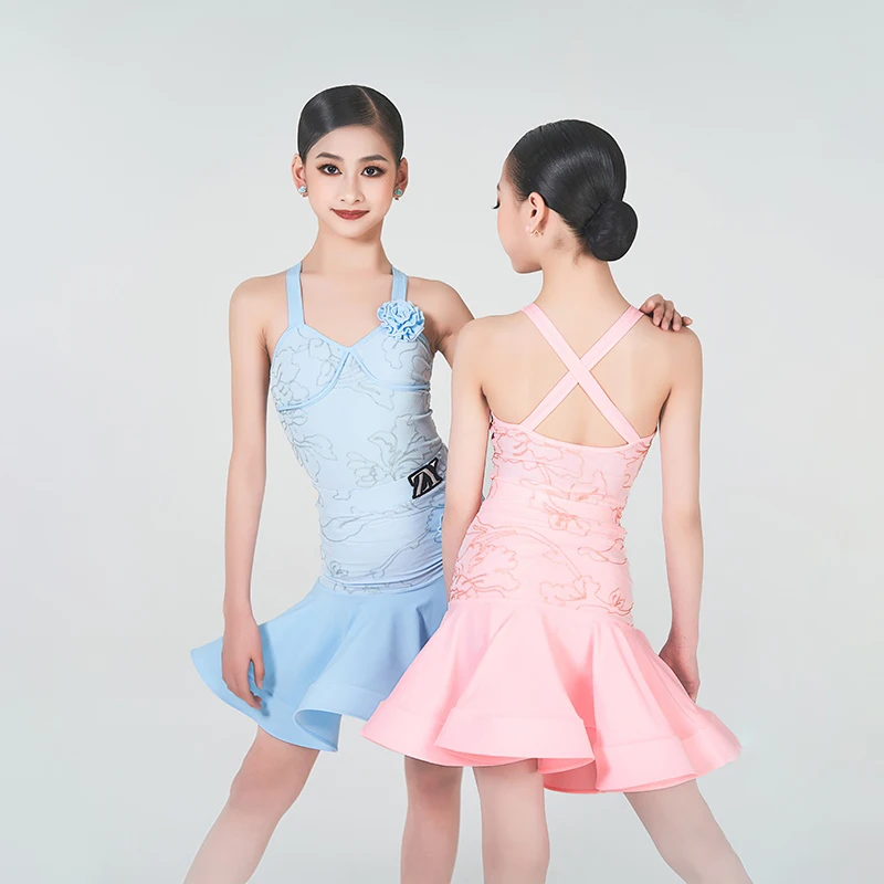 

Fashion Girls Sleeveless Latin Dance Performance Dresses Blue Pink Professional DancingDress Kids Performance Clothes SL9932