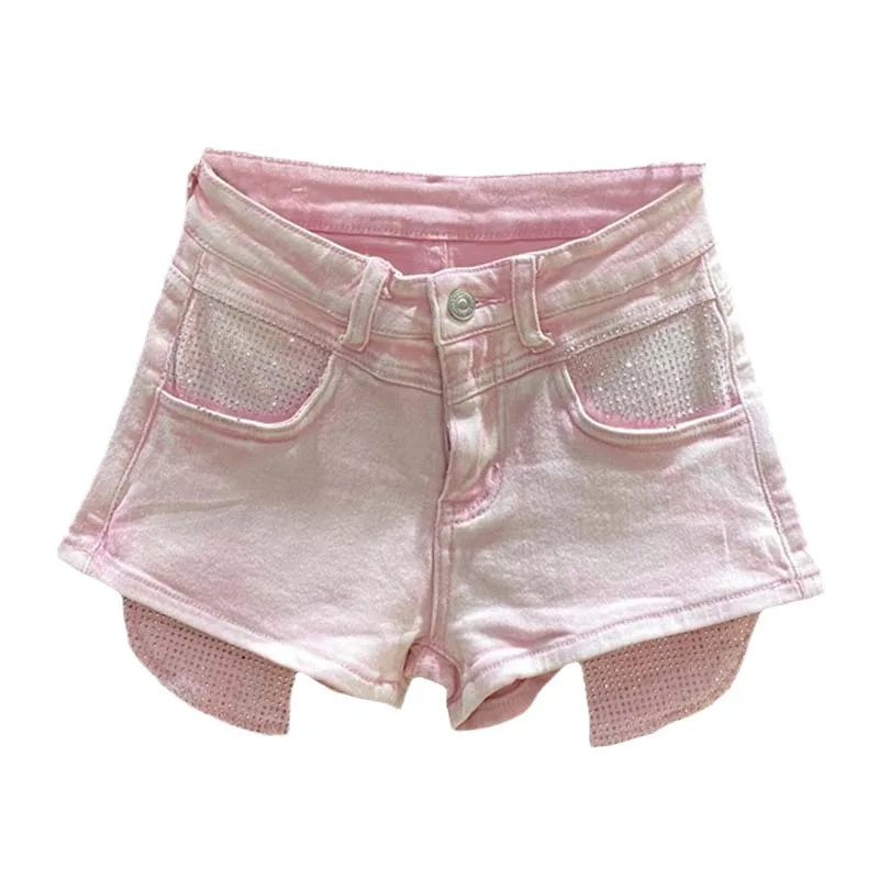 [zoci] Pink Rhinestone Denim Shorts Summer 2024 Trend, Girl A-line Elastic Slim Fit Wide Leg Hot Pants