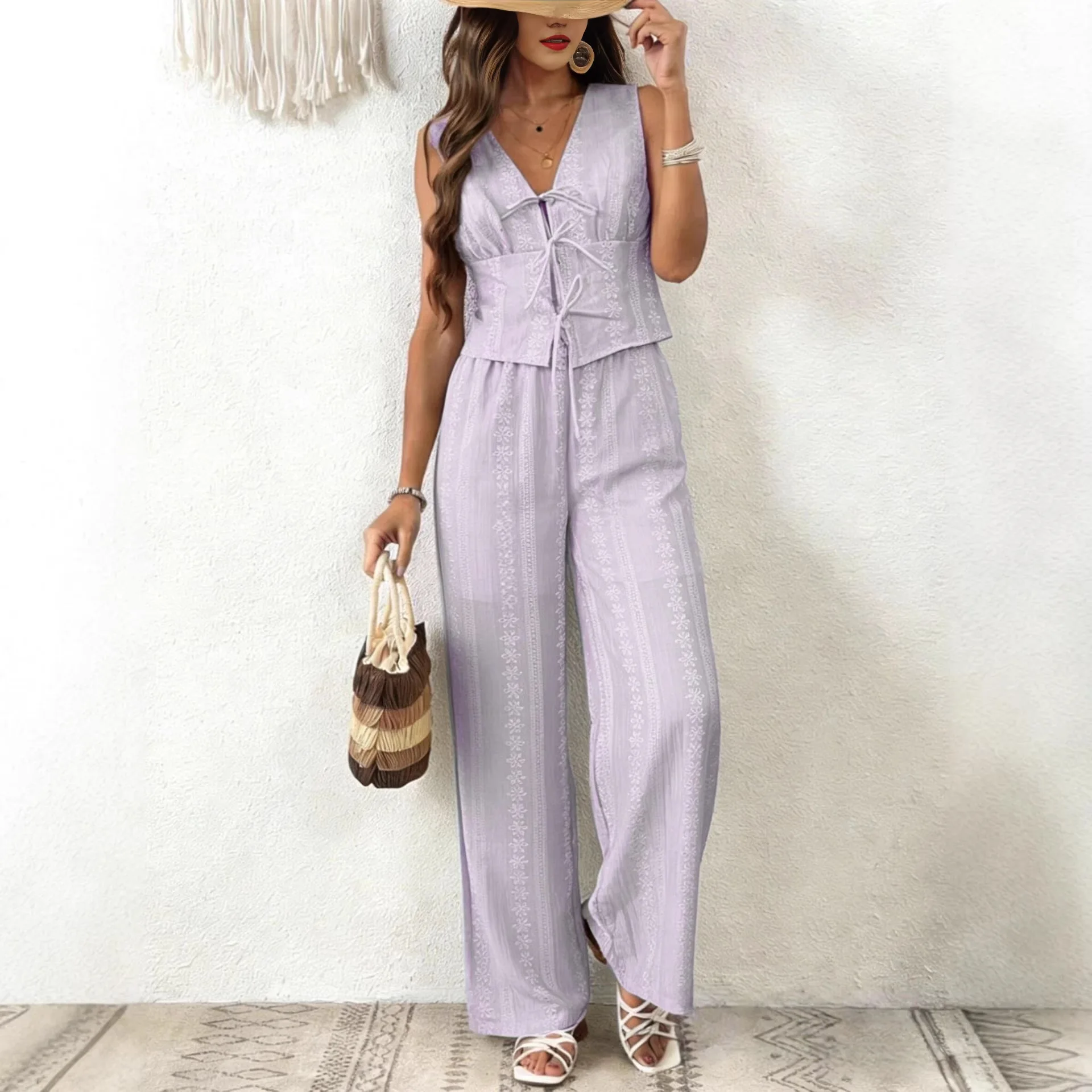 New Sleeveless, Versatile, Tie-front West And Straight-leg Wide-leg Pants, Solid Color Two-piece Set Dress Elegant Sexy Vestidos