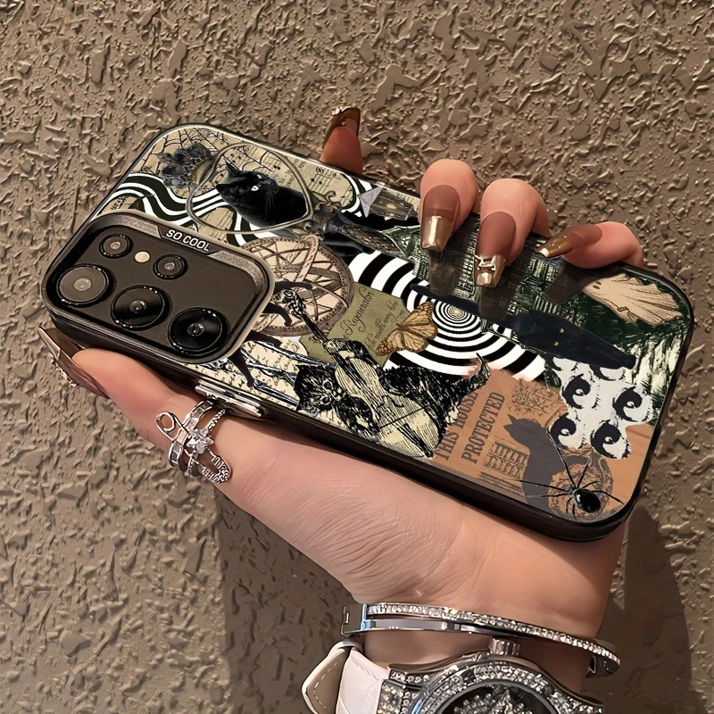 Diseño de patrón de Casa Encantada de murciélago y calavera de gato negro para iPhone 16, 15 14 13 12Pro Max, funda especial para teléfono, tendencia de moda