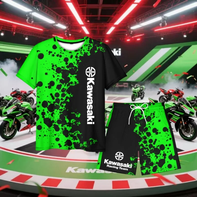 

2025 Мужская и женская новая футболка + шорты, комплект Kawasaki, мотоциклетная графика с 3D принтом, быстросохнущая одежда, летний мужской спортивный комплект из двух предметов