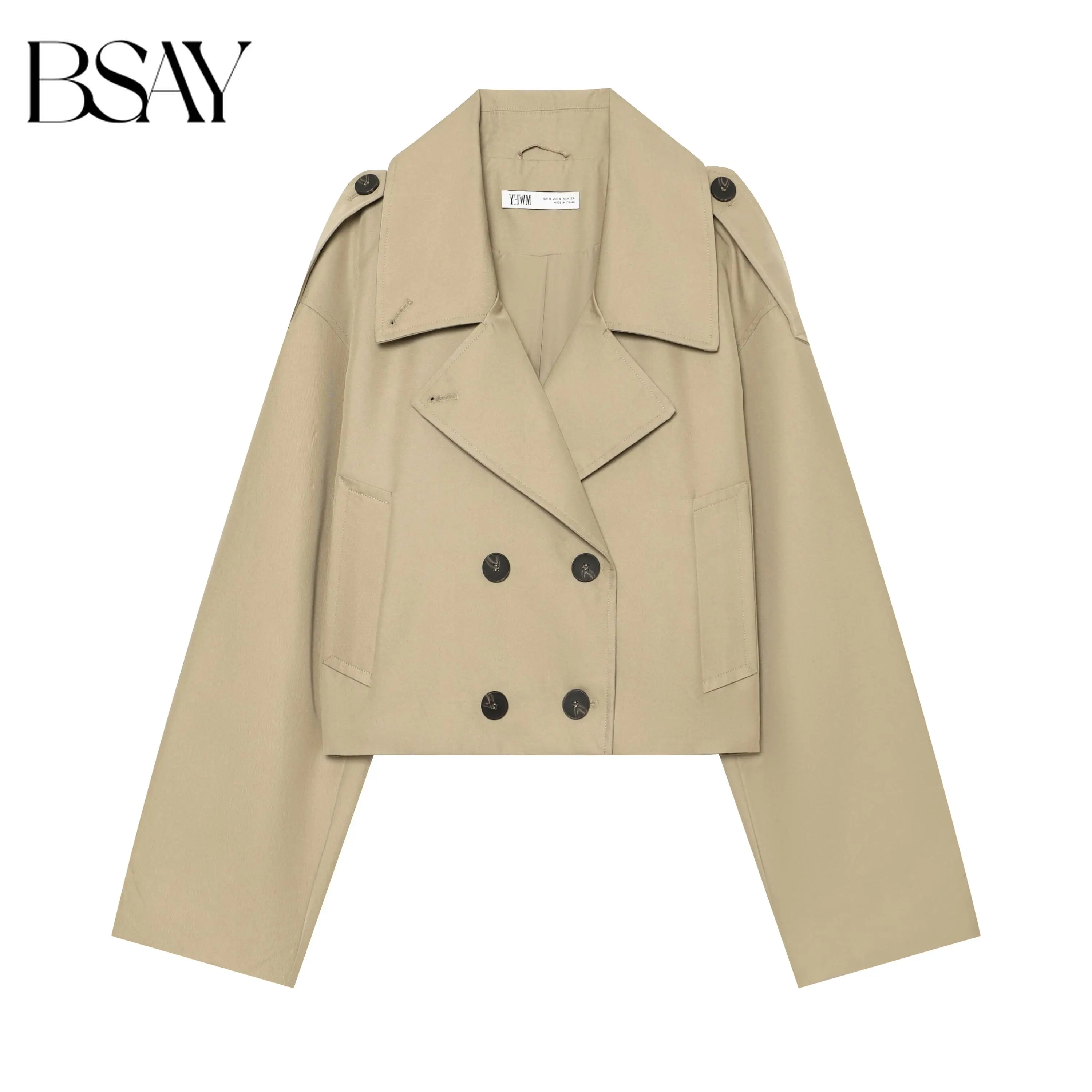 BSAY Autumn Women Cropped Double Breasted Trench Jacket Lapel Collar Epaulets Patch Pockets Loose Short Windbreaker Outer Coat