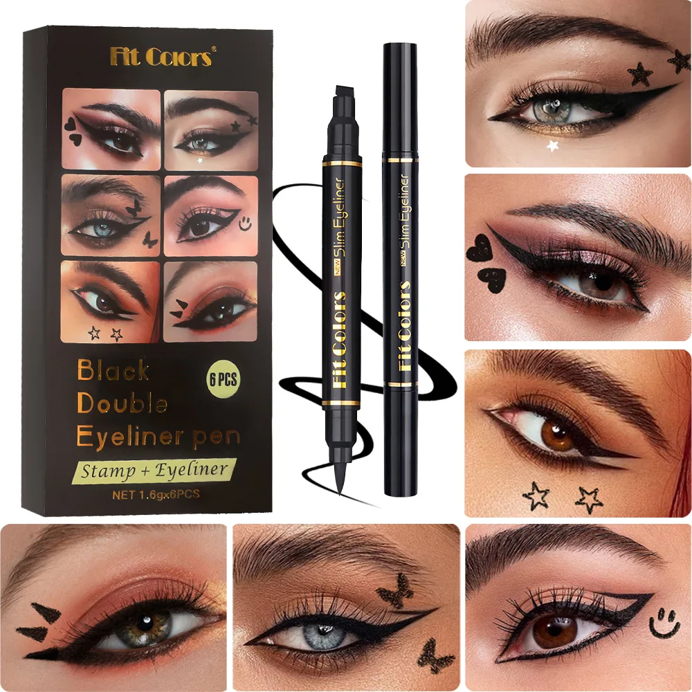 6 STKS Stempel Vloeibare Eyeliner Set Waterdicht Snel Droog Double-ended Zwart Hart Ster Afdichting Oog Staart Eyeliner Uitbreiding Make-up Kit