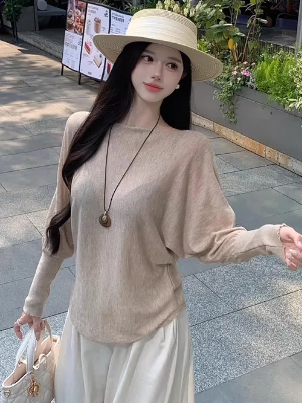 

Early Autumn Ice Silk Knitted Long Sleeve round Neck Loose Top Women's Thin T-Shirt Base Shirt with Belt Korean Style Commute