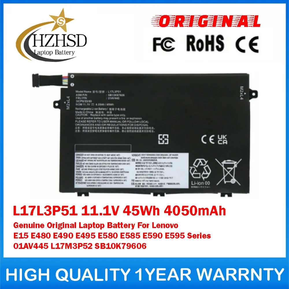 L17L3P51 11.1V 45Wh 4050mAh Genuine Original Laptop Battery For Lenovo E15 E480 E490 E495 E580 E585 E590 E595 01AV445 L17M3P52