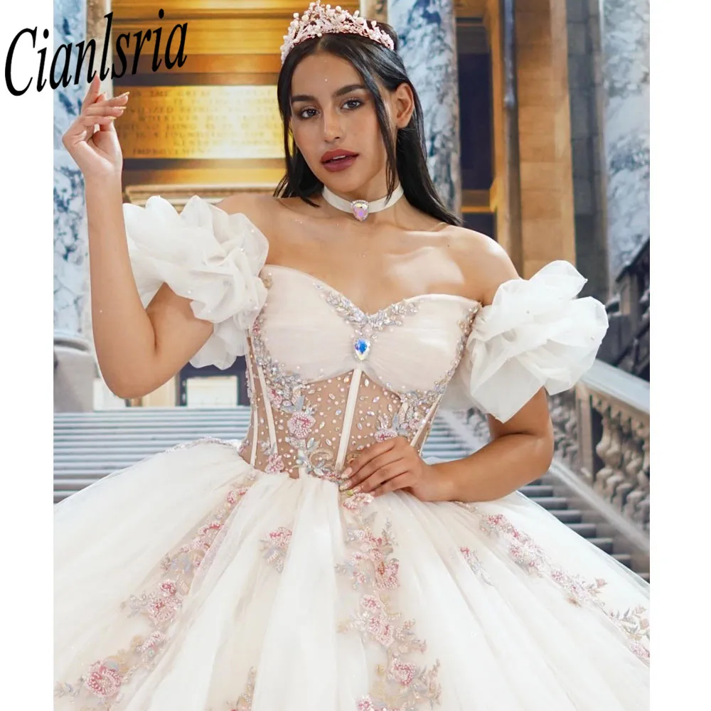 Vestidos Quinceanera, querida fora do ombro, vestido de baile, apliques florais, espartilho de renda, vestido de festa 15, 2024