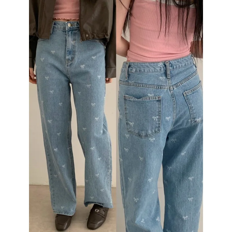 

Jeans Women 2024 New Elegant Temperament Bow Western Sle Age-Reducing Loose Design Straight Trousers