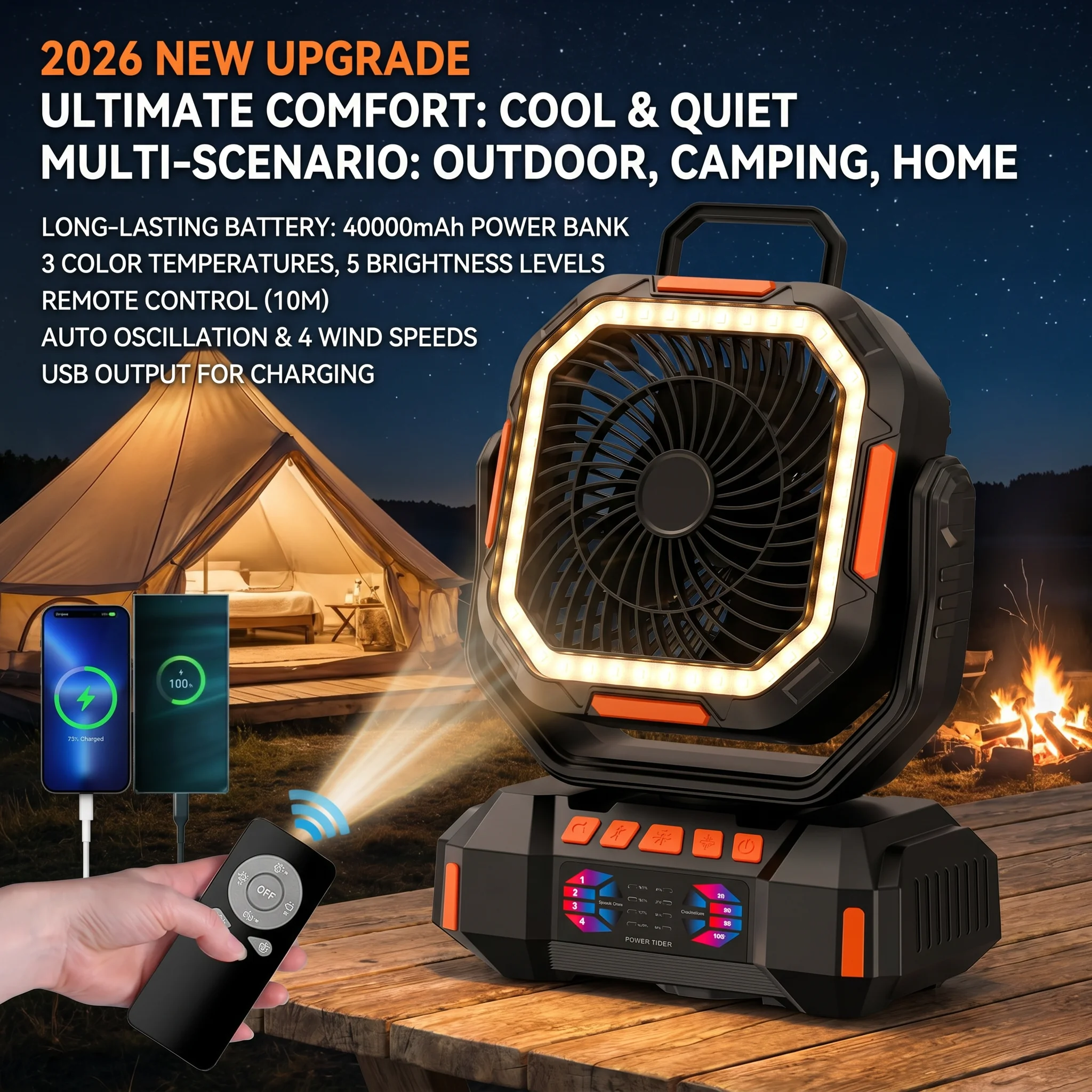2026 New Upgrade Portable Camping Fan With 40000mAh Battery Powerful Wind Stepless Speed Regulation And Fast Charging Outdoor Ca