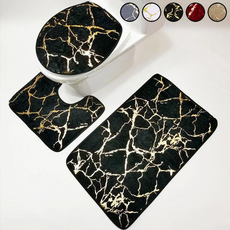 

3pcs Marble Pattern Bathroom Rug Set, Crackle Golden Texture Non-Slip Bathroom Rug, Toilet U-Shape Mats, Toilet Lid Cover Pad