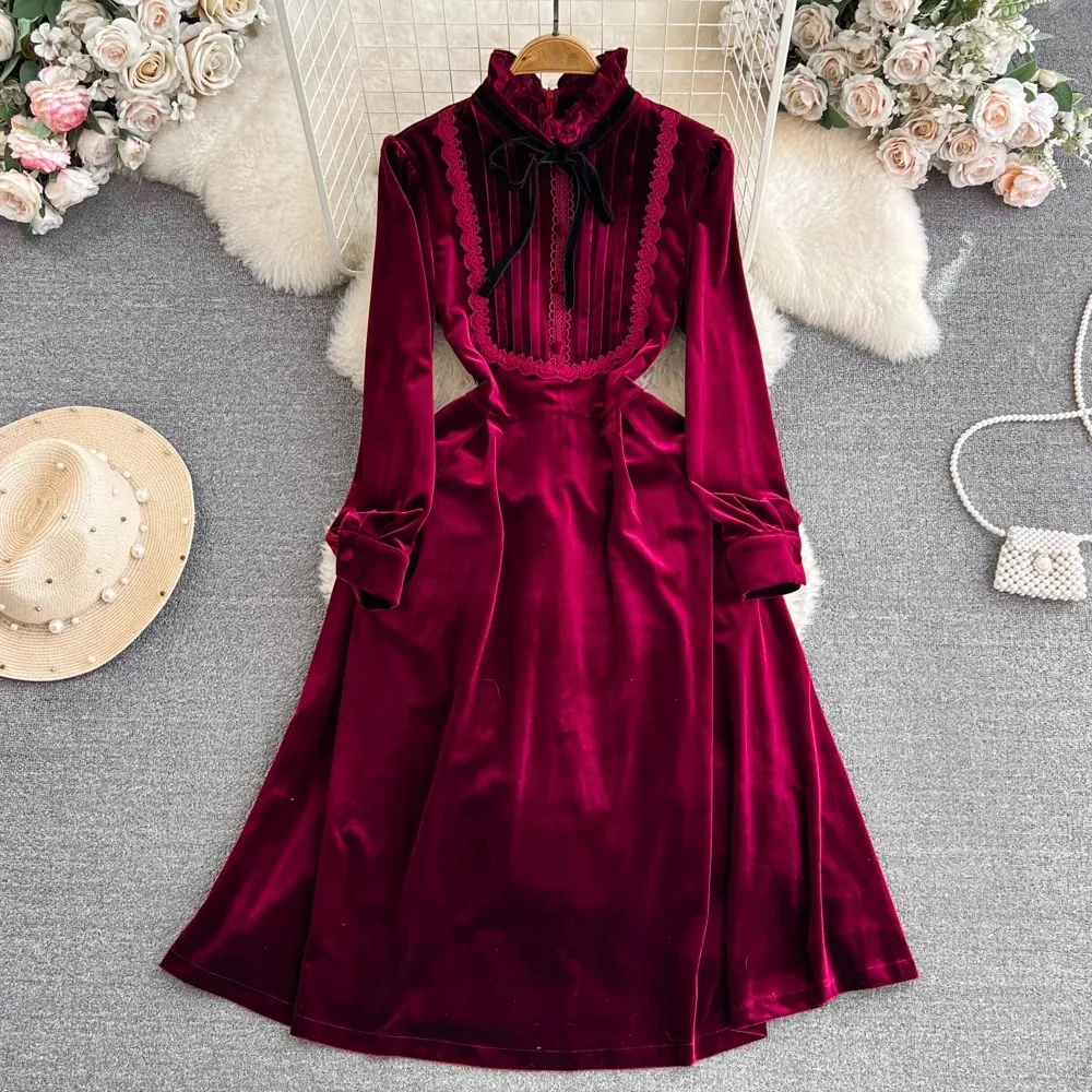 High Quality Autumn Winter Velvet Dress Vintage Women Stand Collar Lace Up Bow Long Sleeve Ladies Office Velour Soft Vestidos