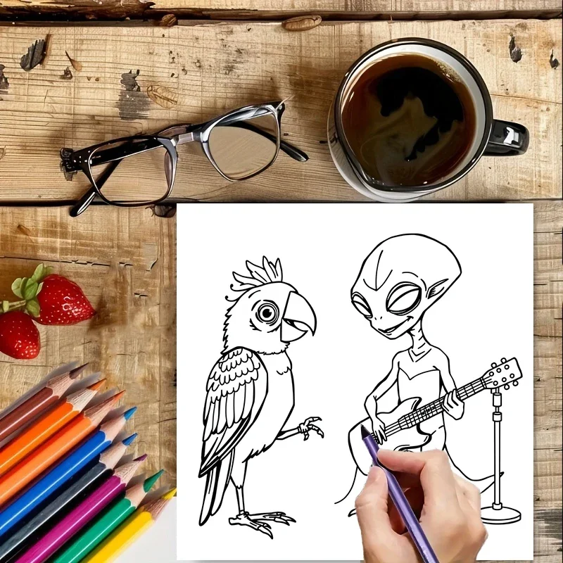 大人のためのエイリアン動物の友達の塗り絵 |   28ページの塗り絵、クリスマスや感謝祭のための画材