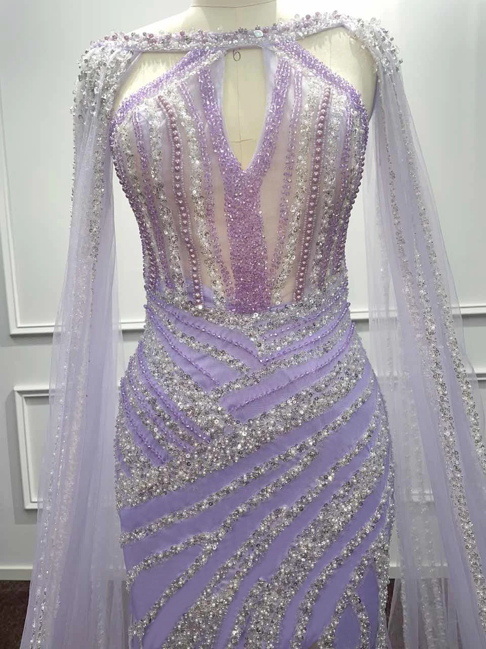 Real Photos Dubai Luxury Crystal Beaded Evening Dress with Cape Sleeves 2024 Arabic Women Lilac Mermaid Wedding Party Gown