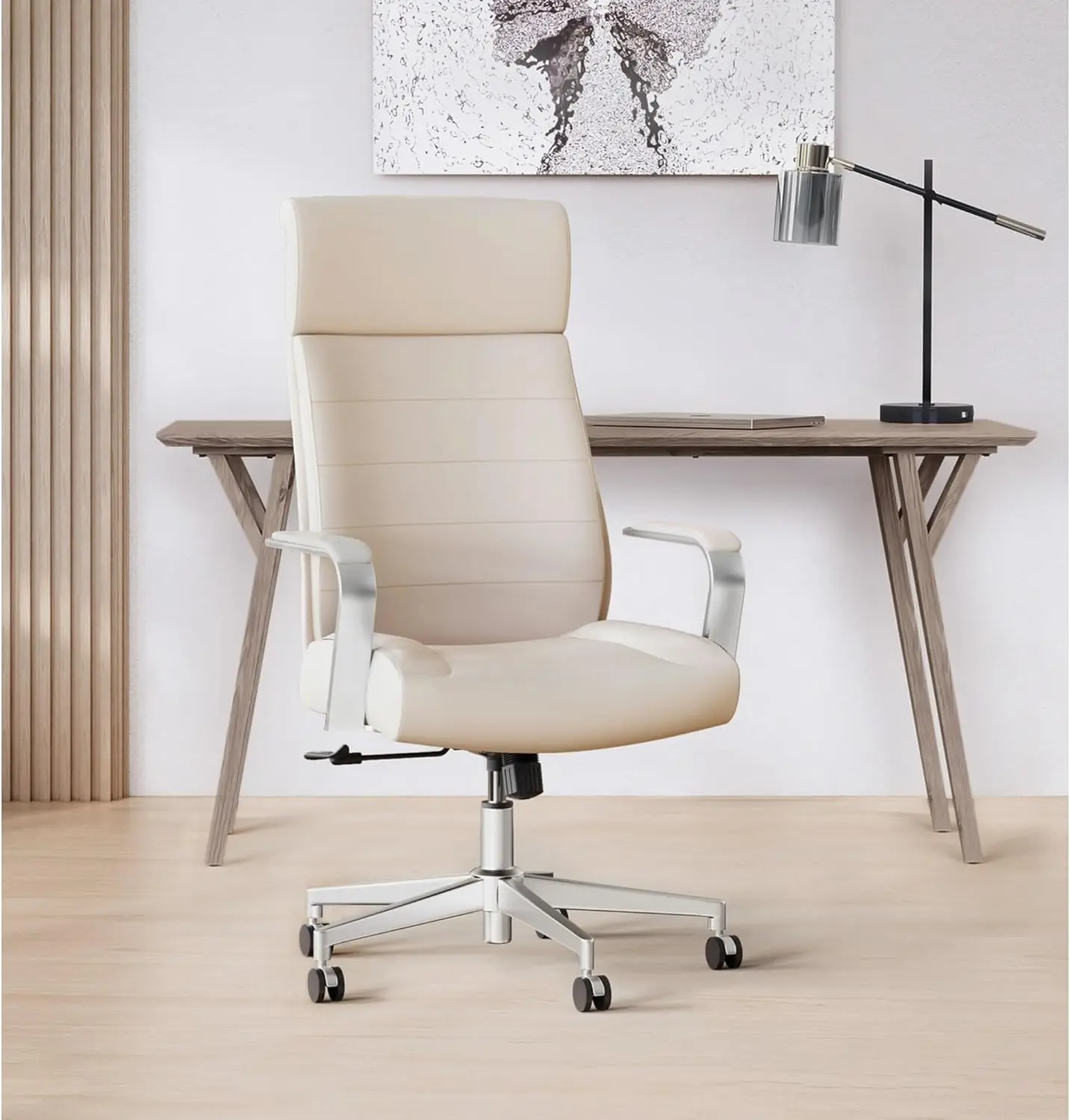 Modern Comfort Modee Vegan Leather High-Back Executive Office Chair, Sand/Chrome, BIFMA Compliant