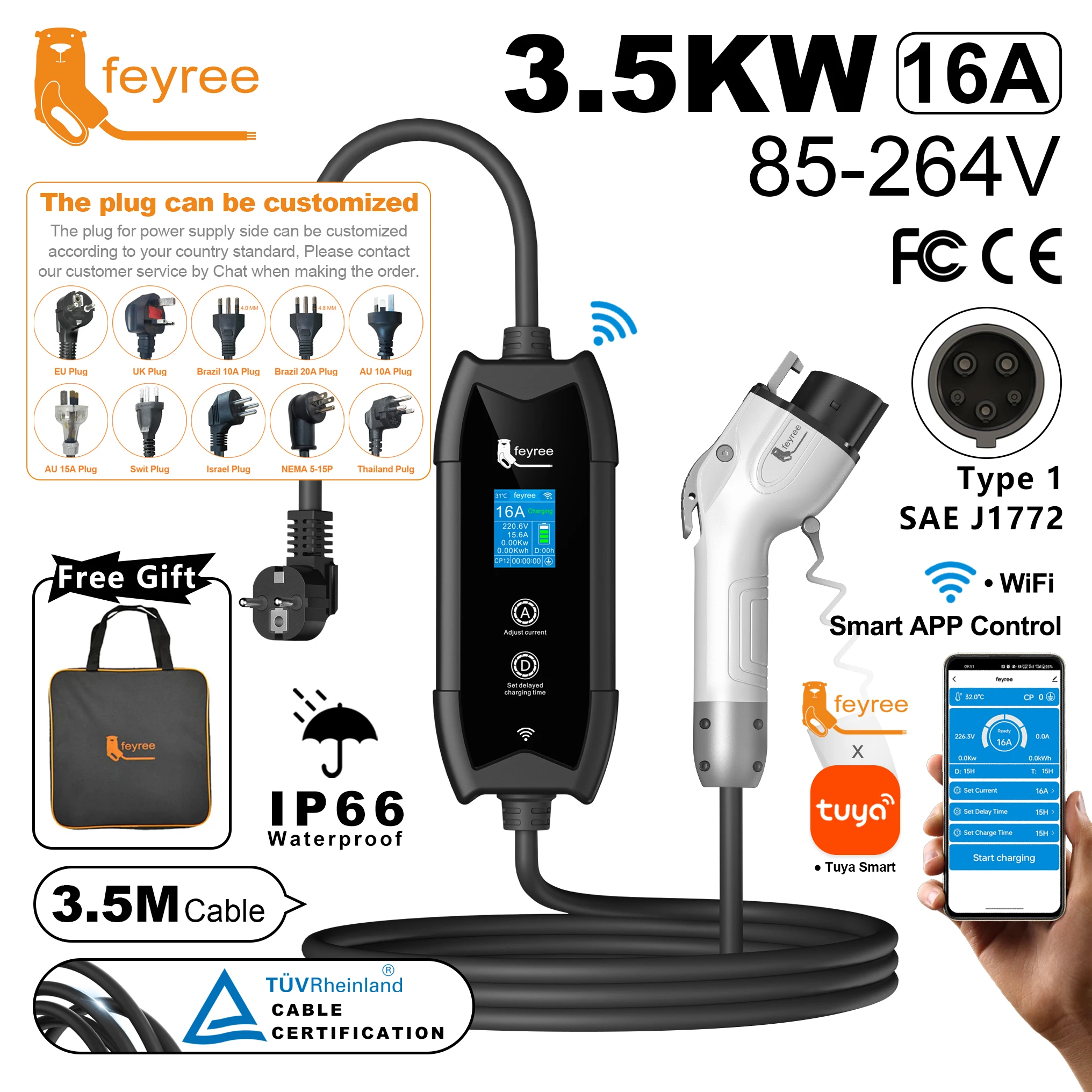 Feyree Set Charging&DelayTime for EV Cars, Portable EV Charger 3.5m Cable with WIFI APP Control Type1 16A 3.5kW Plug Customizabl