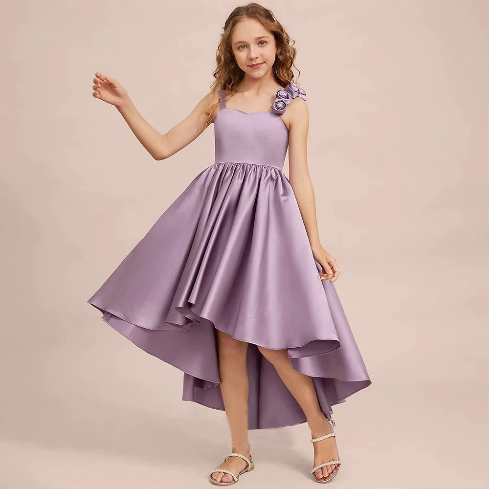 

It's Yiiya Customized Flower Girl Dress Purple Satin Sgaphetti Straps Rose Zipper Back High Low Gather Tea-length Kids Gown T040