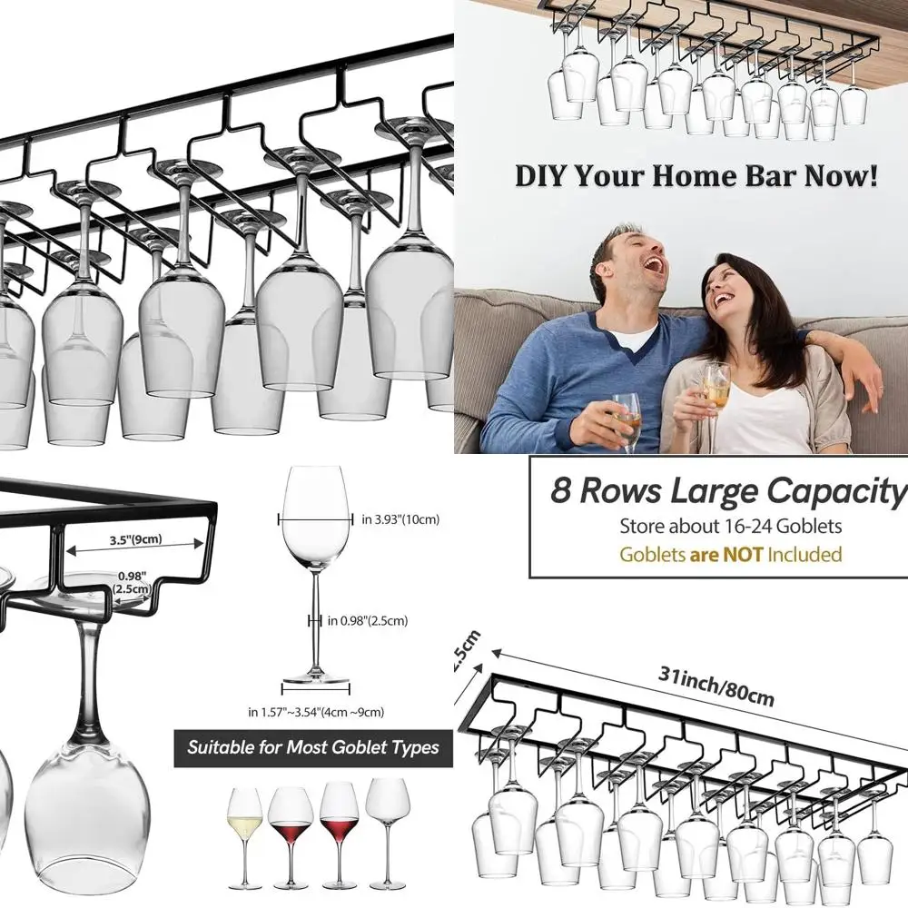 

Large 8-Row Metal Wine Glass Rack, Under Cabinet Stemware Hanger, Black DIY Bar Glass Storage for Kitchen, Includes Screws