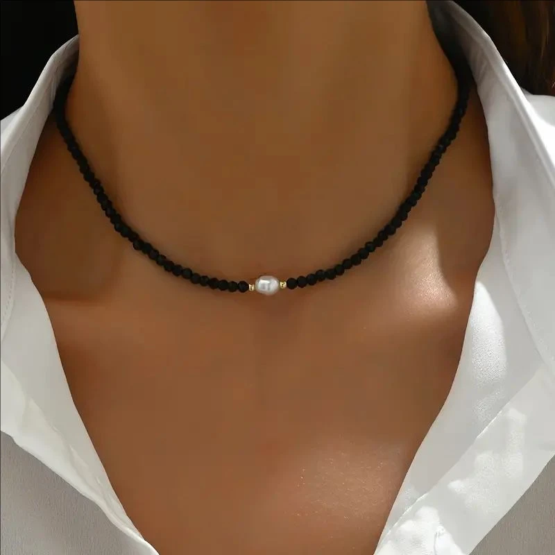Miss JQ Vintage Boho Style Black Glass Seed Bead Choker with Pearl Pendant for Daily Wear - No Plating, One Size Fits All