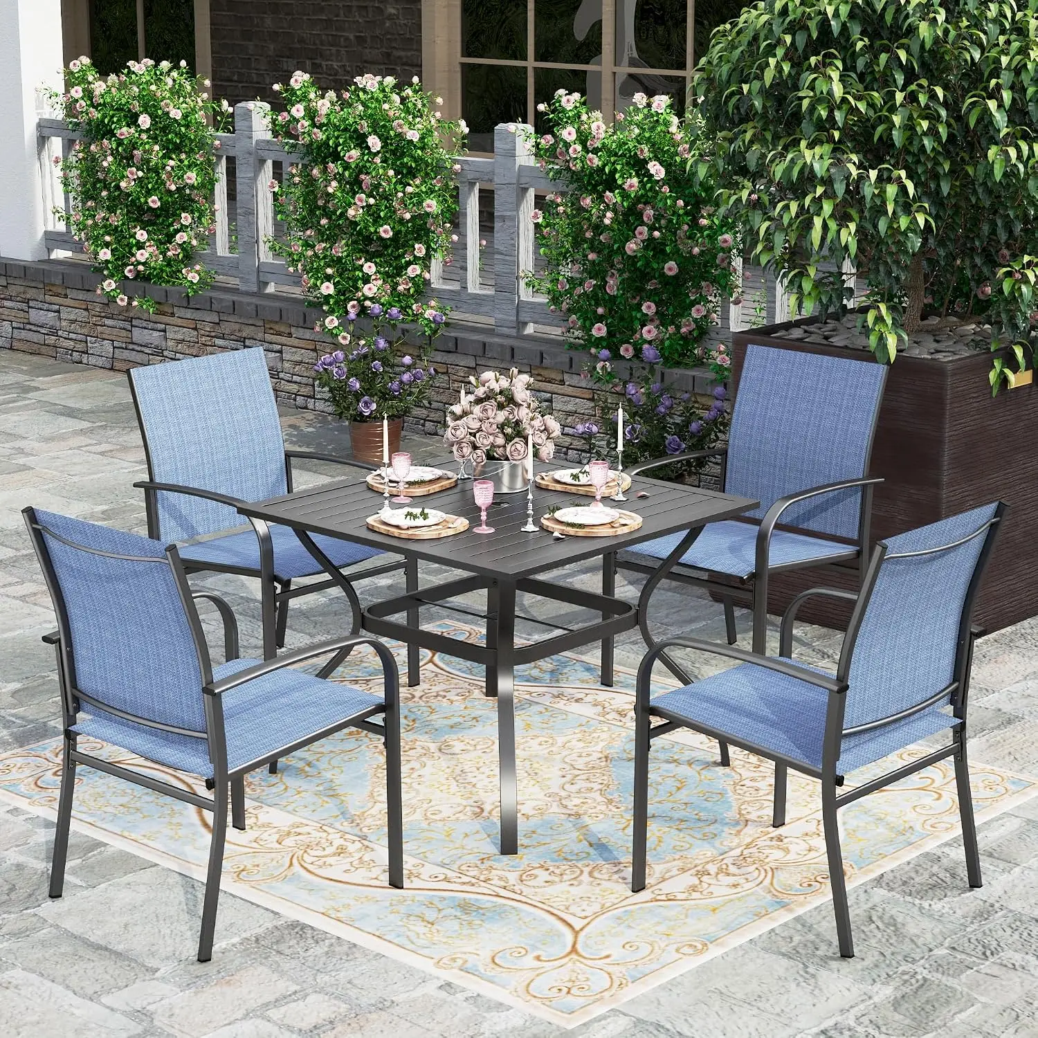 5pc Patio Dining Set for 4, Outdoor Metal Table & Blue Chairs | Textilene chairs + 37