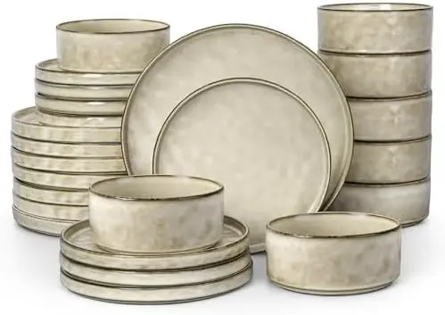 

LIANYU 24-Piece Stoneware Dinnerware Set for 8 – Scratch Resistant Ceramic Plates & Bowls, Sandy Beige