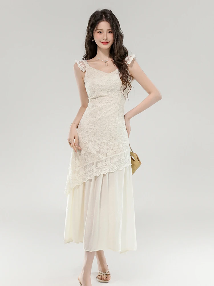 Frauen Kleidung Elegante Fairycore Urlaub Kleid Frau Promi Sexy Strap Sheer Spitze Lange Robe Weibliche Party Strand Club Vestido