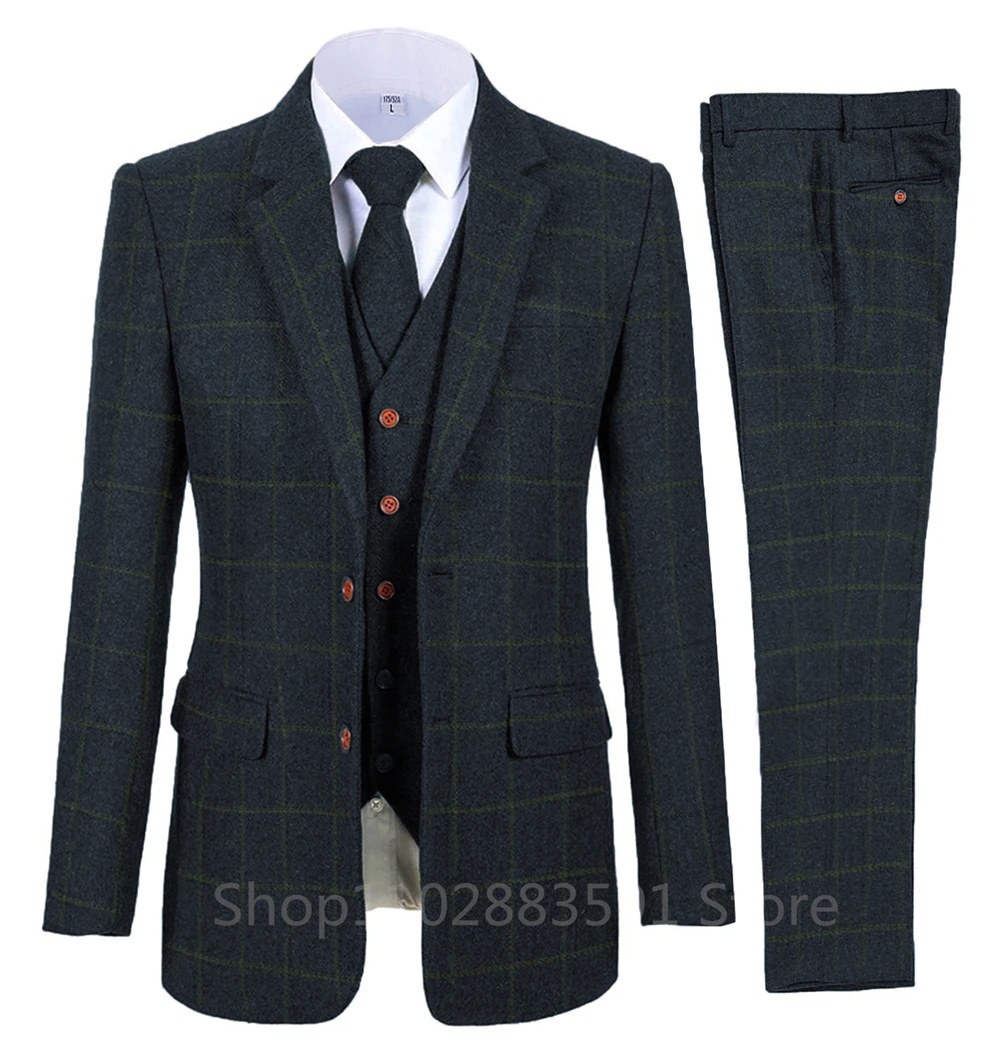 Men\'s 3 Piece Suits Bussiness Formal Notch Lapel Groomsmen Woolen Plaid Tuxedos for Party Activities Wedding (Blazer+Vest+Pant)